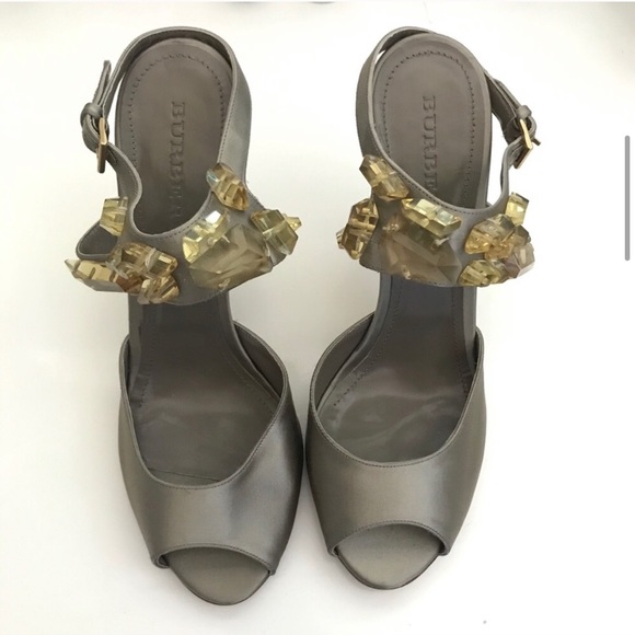 Burberry Citrine Crystal Satin Peep Toe Heels 41 - Picture 6 of 16